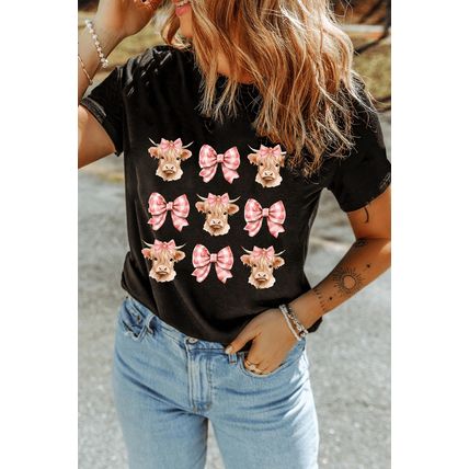 Black Cow with Bow Graphic Crewneck Western Tee