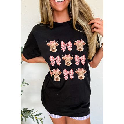 Black Cow with Bow Graphic Crewneck Western Tee