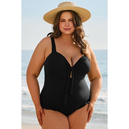 Black Plus Size Textured Knotted Ruffled Trim One Piece Swimwear