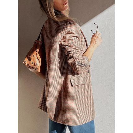 Brown Houndstooth Lapel Collar Blazer