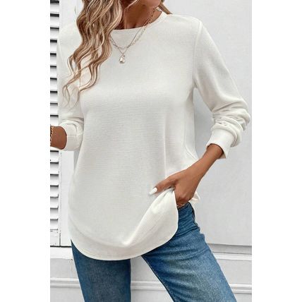 White Rounded Hem Waffle Long Sleeve Top