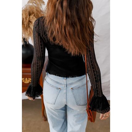 Black Lace Patchwork Flounce Sleeve Slim Fit Top