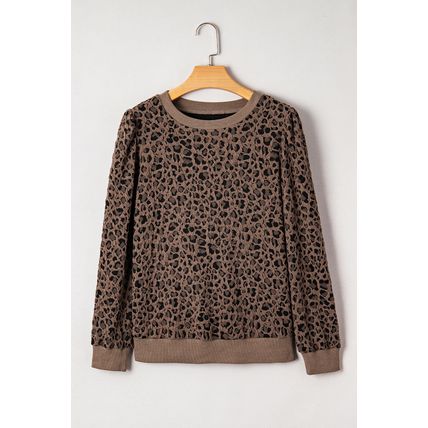 Brown Ribbed Trim Leopard Print Long Sleeve Top