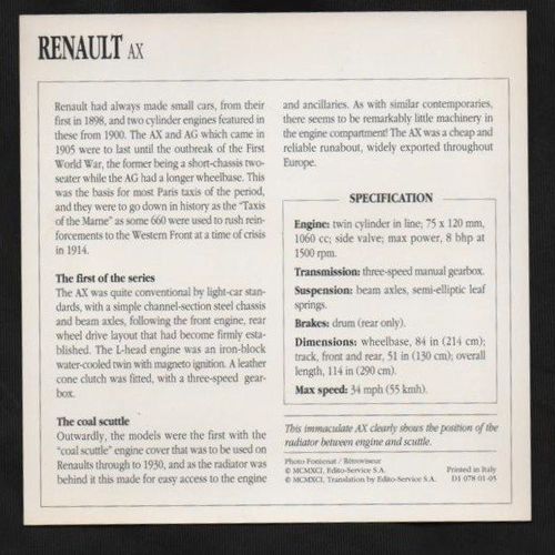1905 to 1914 Renault AX Classic Car Photo and Info Card