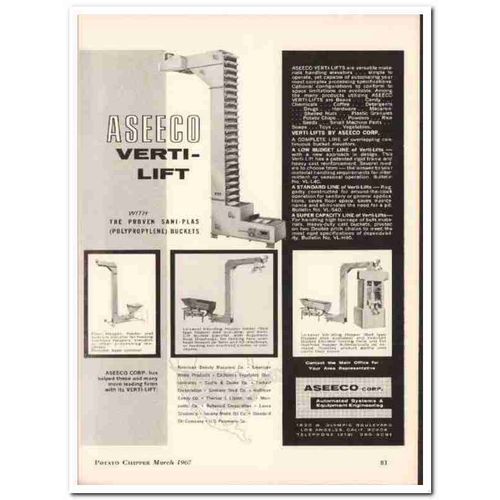 aseeco corp 1967 verti-lift material handling elevator food vintage ad