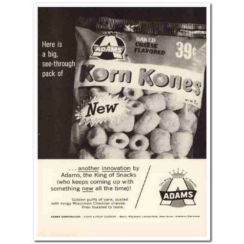 adams corp 1967 korn kones see-through pack innovation food vintage ad