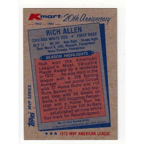 1982 Kmart Rich Allen baseball card #21 -NM- White Sox- Oddball
