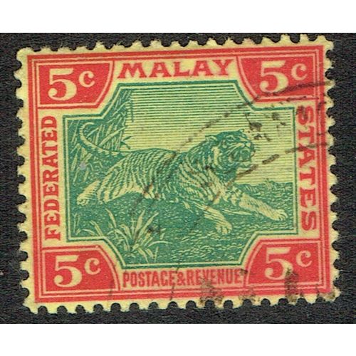 Federated Malay States 1904 5c Green and Carmine on Yellow wmk MCrown CA SG39 FU