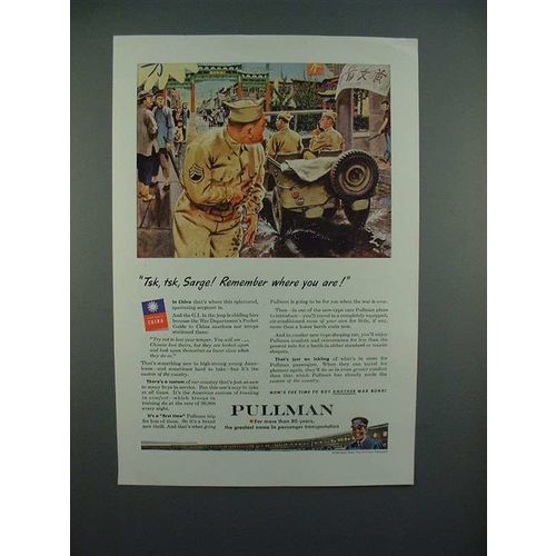 1944 WWII Pullman Train Car Ad - Soldiers & Jeep - Tsk Tsk Sarge