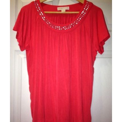 Michael Kors Blouse Women Pink-Coral Jewelry Beaded Neckline Short Sleeve Size L