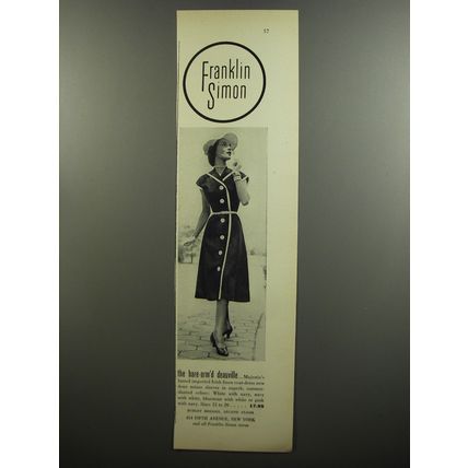 1952 Franklin Simon Majestic Coat Dress Ad - The bare-arm'd deauville