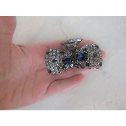 Medium blue or smoke gray crystal bow metal hair claw clip bridal clip