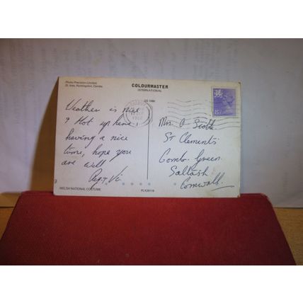 SAT ON A BRIDGE, WELSH NATIONAL COSTUME used postcard Colourmaster 1982 pm =