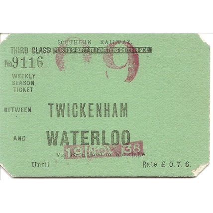 Southern Railway Season Ticket- Twickenham to Waterloo via Brentford or Mortlake