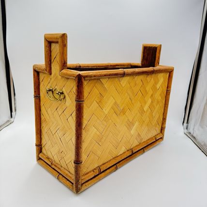 MCM Bamboo & Brass accents Wicker weave rattan magazine rack