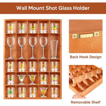 2 Pcs Shot Glass Display Case, Brown Wooden Shot Glass Shelf with Removable Shel