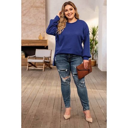 Blue Plus Size Waffle Knit Oversized Exposed Seam Top