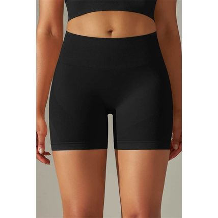 Black Solid Color High Waist Tummy Control Active Shorts