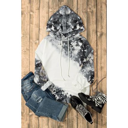 Gray Bleached Tie Dye Kangaroo Pocket Drawstring Hoodie