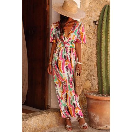 Pink Boho Tie-dye Print V Neck Maxi Dress