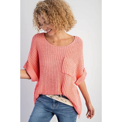 Fresh Salmon Rolled Cuffs Loose Knit Tee with Slits