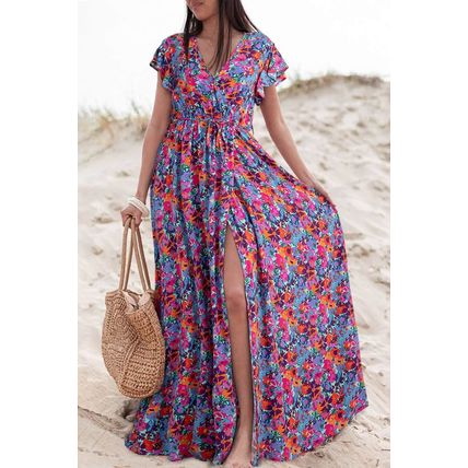 Blue Floral Print V Neck Wrap Split Maxi Dress