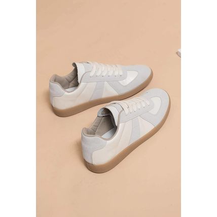 Beige PU Leather Suede Patched Lace-up Flat Shoes