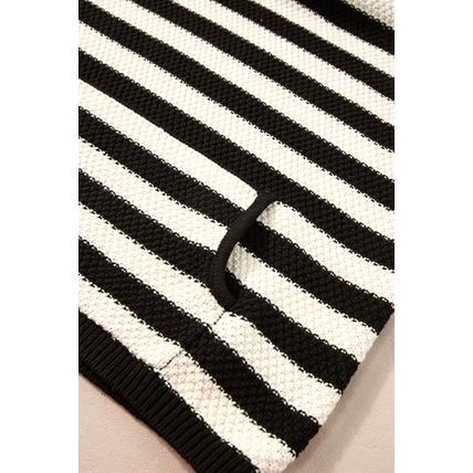 White Stripe V Neck Pocketed Drawstring Hooded Sweater