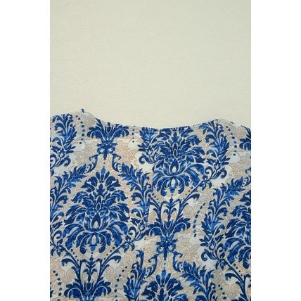 Blue Plus Size Ethnic Printed 3/4 Sleeve V Neck Loose Blouse