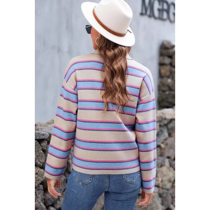Apricot Stripe Collared V Neck Drop Shoulder Loose Sweater