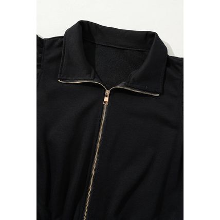 Black Zipper Flutter Sleeve Drawstring High Waist Jumpsuit