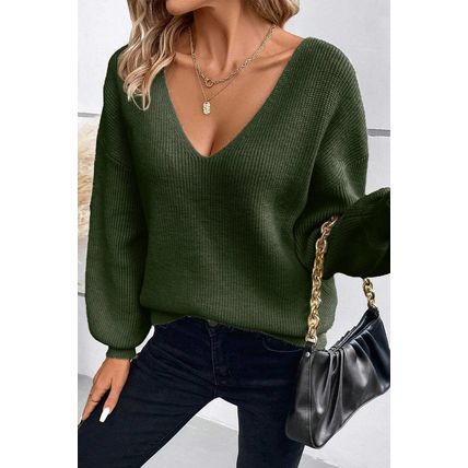 Jungle Green Lantern Sleeve V Neck Knot Back Sweater