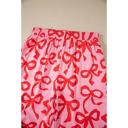 Pink 2pcs Bow Print Shirt Style Long Sleeve Pajama Set