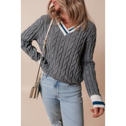Medium Grey Color Contrast Ribbed Edge Cable Knit V Neck Sweater