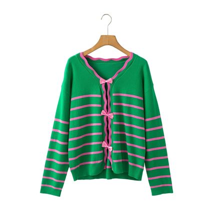 Green Stripe Ribbon Cute Bow Detail Sweater Knit Cardigan