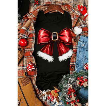 Black Christmas Big Bowknot Graphic Crewneck T Shirt