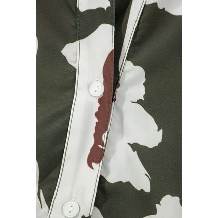 Four Leaf Clover Abstract Floral Print Puff Sleeve Half Button Blouse