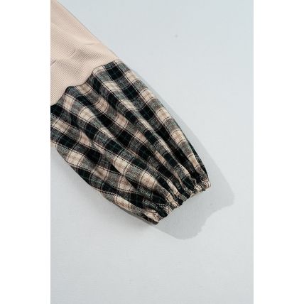 Black Plaid Waffle Knit Patchwork Collared V Neck Plus Size Mini Dress