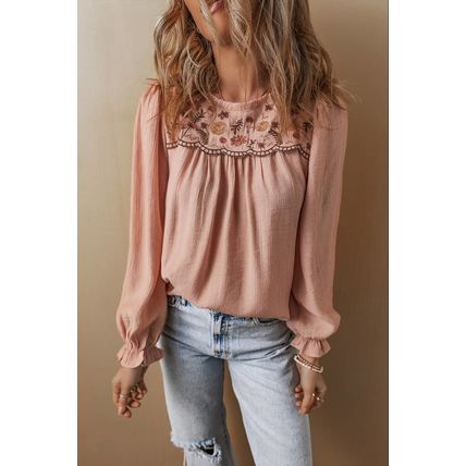Gossamer Pink Floral Embroidered Textured Flounce Sleeve Elegant Blouse