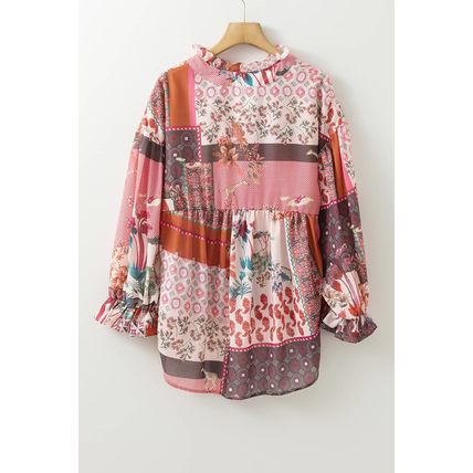 Red Boho Geometric Mixed Print Patchwork Bubble Sleeve Shirt
