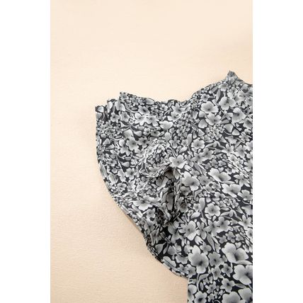 Black Rose Floral Print Ruffle Sleeve Plus Size Shift Top