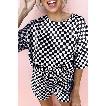 Black Checkered Top and Short Casual 2pcs Set