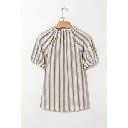 Gray Stripe Frilled Tie Neck Short Sleeve Blouse