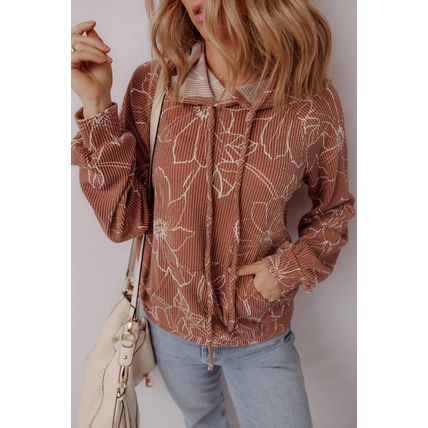 Brown Floral Twisted Rib Drawstring Kangaroo Pocket Hoodie