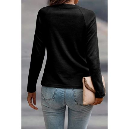 Black Solid Color Seam Detail Raglan Long Sleeve Top