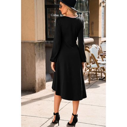 Black Solid Color Ruched Detail Long Sleeve Midi Dress