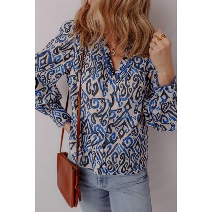 Blue Bohemian Print Embroidered V Neckline Detail Long Sleeve Shirt