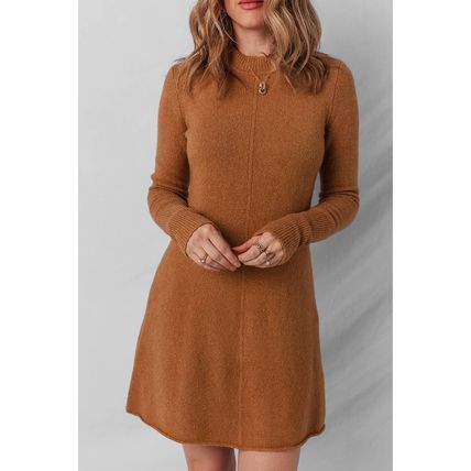 Straw Yellow Ribbed Detail Solid Color Mini Sweater Dress