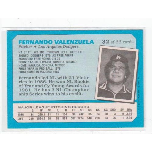 1987 Kay Bee Fernando Valenzuela baseball card #32 -NM- Dodgers- Oddball