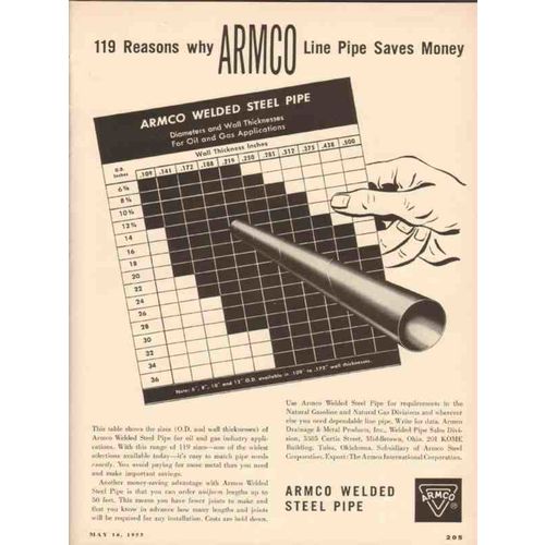 ARMCO STEEL CORP 1955 reasons line pipe saves money welded vintage ad